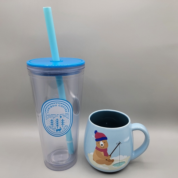 Caribou Coffee Blue Mug & Tumbler Lot (2) Bear The Cold, 20oz Summer Tumbler - Picture 1 of 12